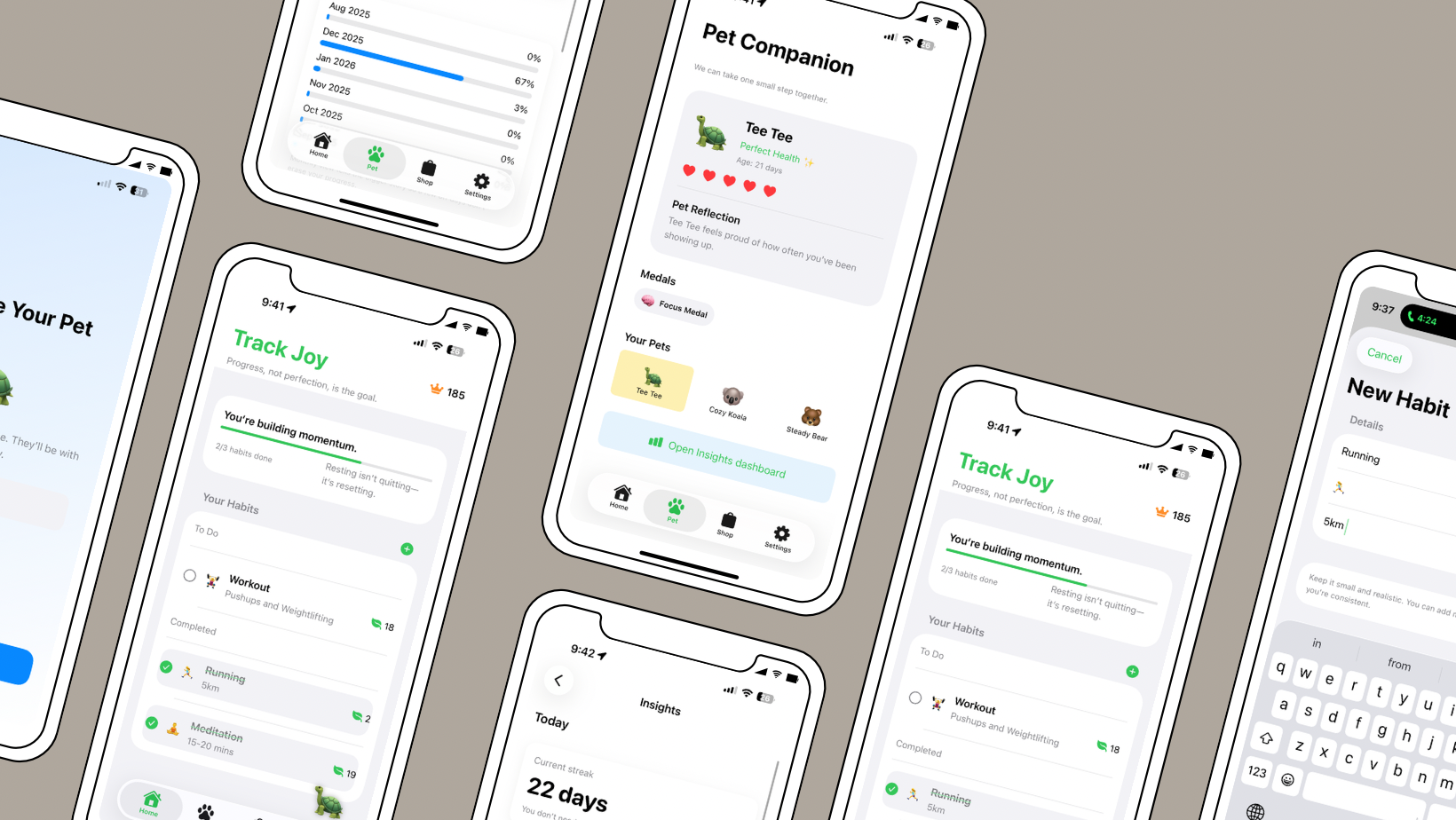A person holding a phone showing the Track Joy habit tracker app with daily habits and a gentle pet companion